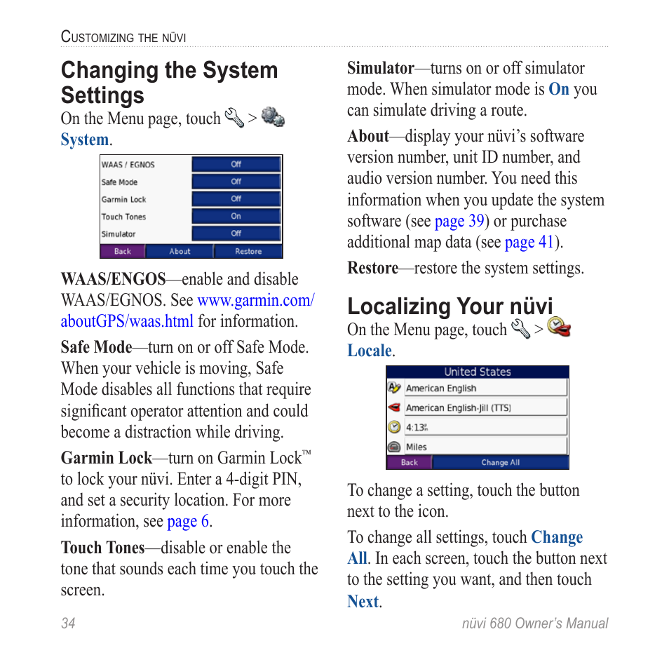 Changing the system settings, Localizing your nüvi, L�ocalizing your nüvi | Garmin nuvi 680 User Manual | Page 42 / 60