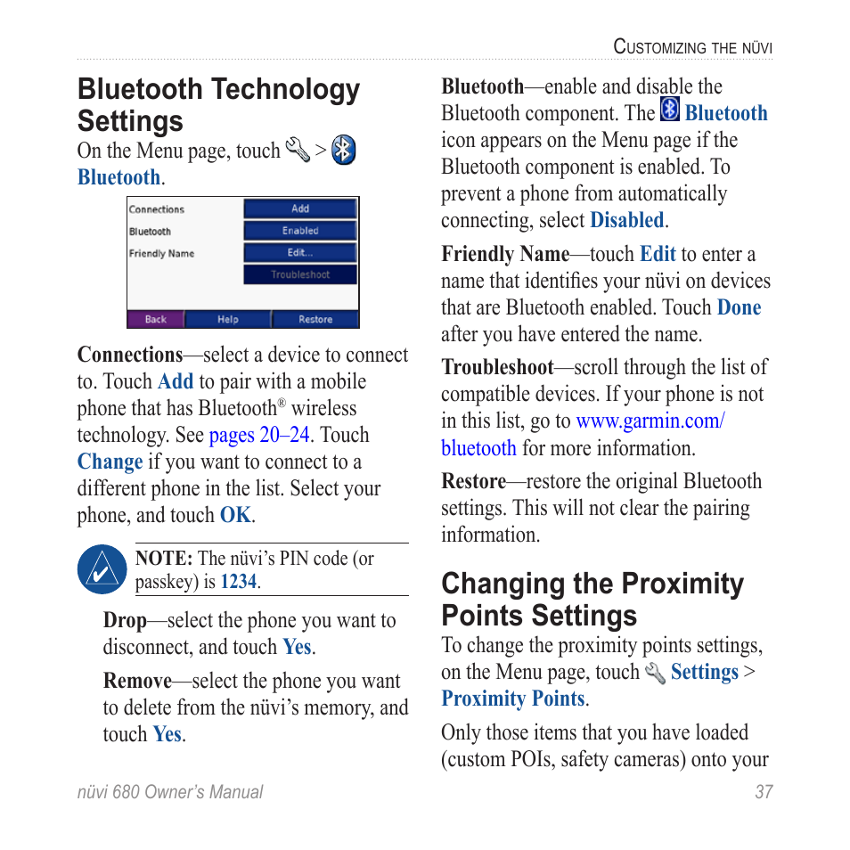 Bluetooth technology settings, Changing the proximity points settings | Garmin nuvi 680 User Manual | Page 45 / 60