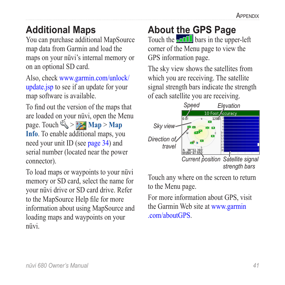 Additional maps, Additional map data (see, About the gps gps page | Garmin nuvi 680 User Manual | Page 49 / 60