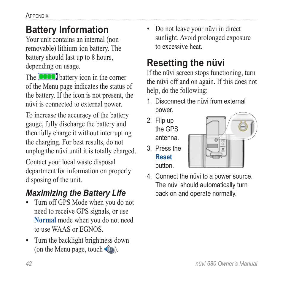 Battery information, Resetting the nüvi | Garmin nuvi 680 User Manual | Page 50 / 60