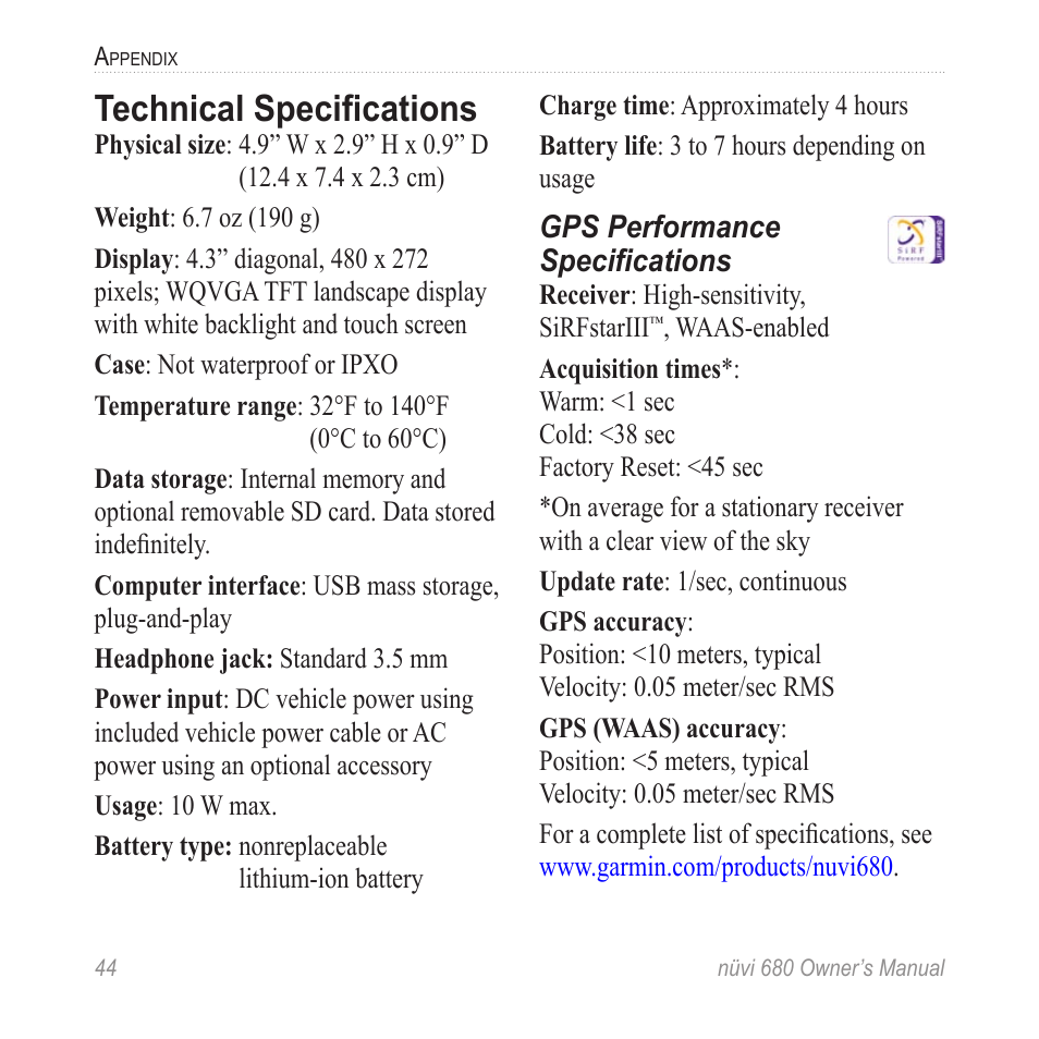 Technical specifications | Garmin nuvi 680 User Manual | Page 52 / 60
