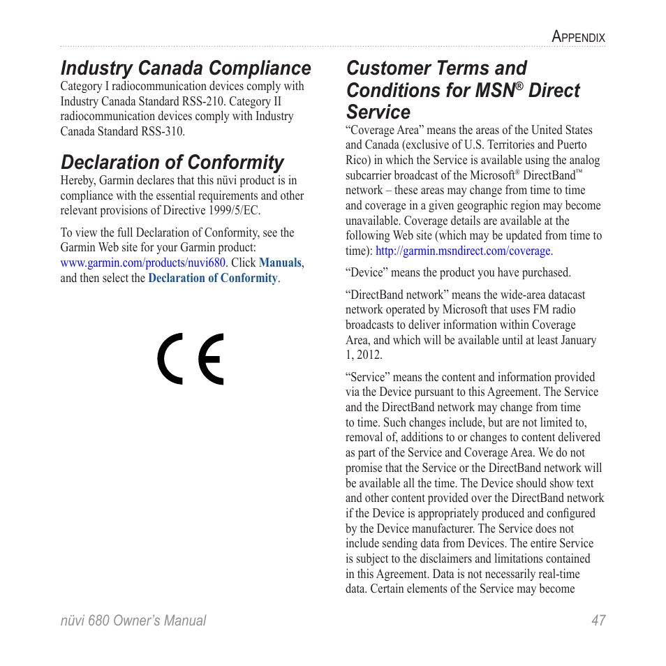 Industry canada compliance, Declaration of conformity, Customer terms and conditions for msn | Direct service | Garmin nuvi 680 User Manual | Page 55 / 60