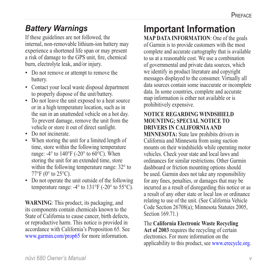 Important information, Battery warnings | Garmin nuvi 680 User Manual | Page 7 / 60