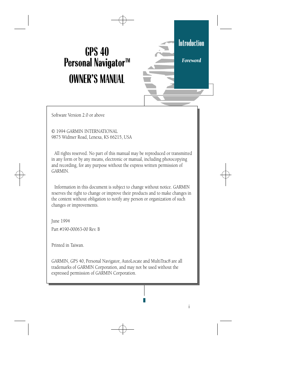 Gps 40 personal navigator, Owner’s manual, Introduction | Garmin GPS 40 User Manual | Page 2 / 67