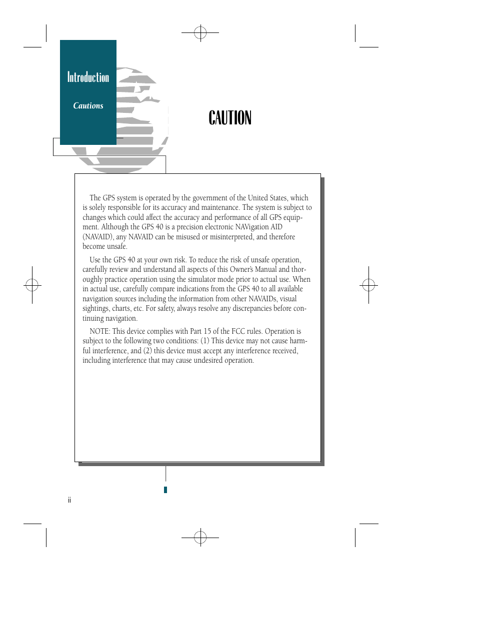 Caution, Introduction | Garmin GPS 40 User Manual | Page 3 / 67