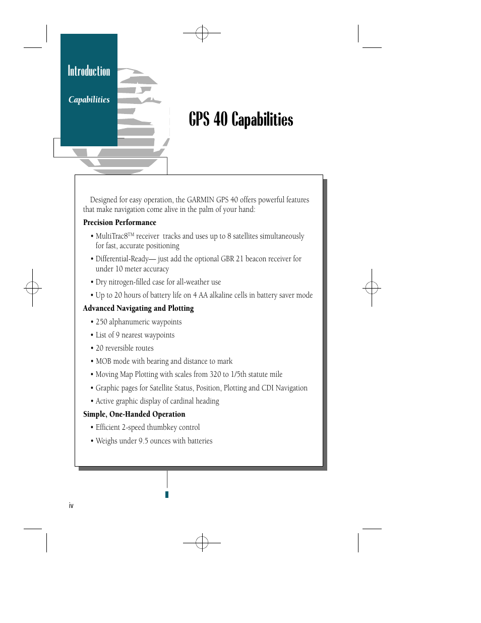 Gps 40 capabilities, Introduction | Garmin GPS 40 User Manual | Page 5 / 67