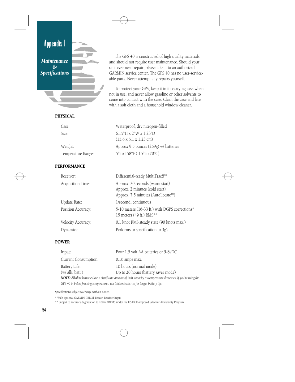 Appendix e | Garmin GPS 40 User Manual | Page 60 / 67