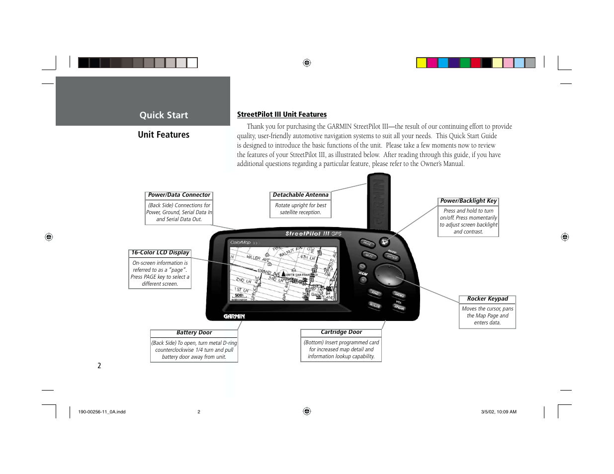 Quick start unit features | Garmin StreetPilot III User Manual | Page 2 / 12