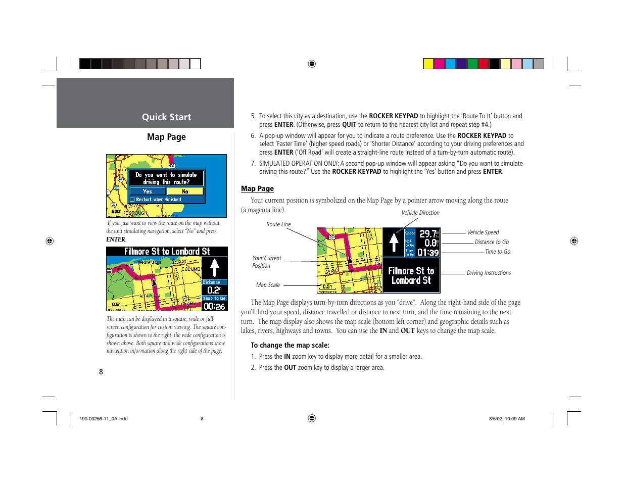 Quick start, Map page | Garmin StreetPilot III User Manual | Page 8 / 12