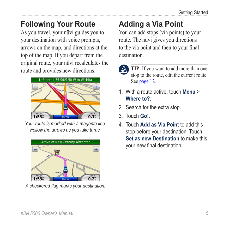 Following your route, Adding a via point | Garmin Nuvi 5000 User Manual | Page 11 / 56