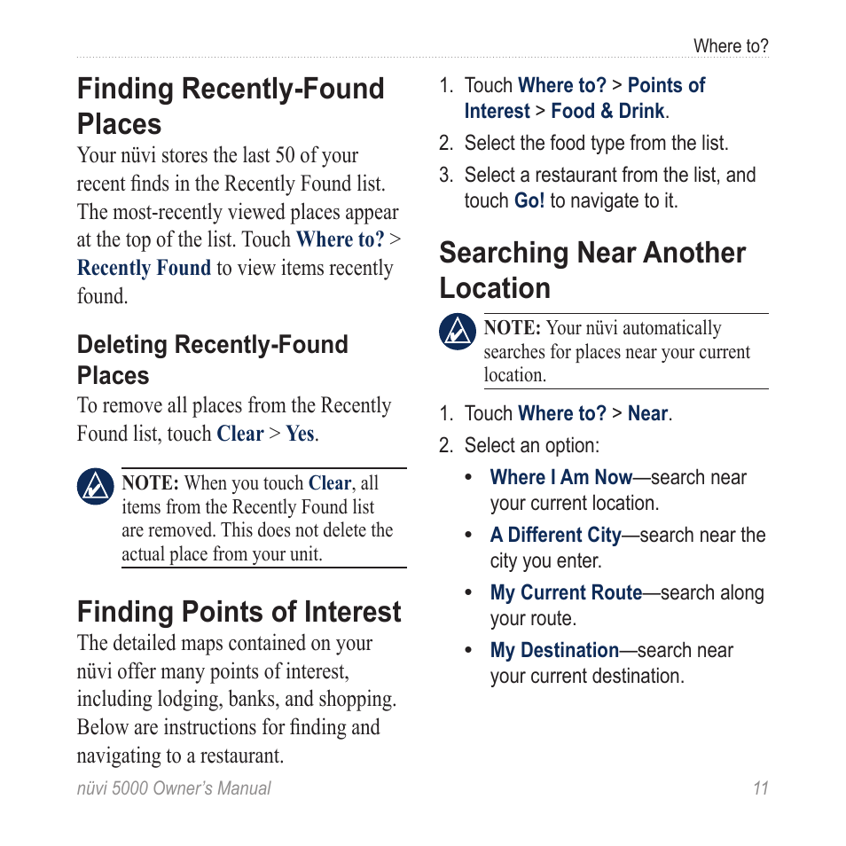 Finding recently-found places, Finding points of interest, Searching near another location | Finding recently-found, Places, Searching near another, Location, Area. see | Garmin Nuvi 5000 User Manual | Page 17 / 56