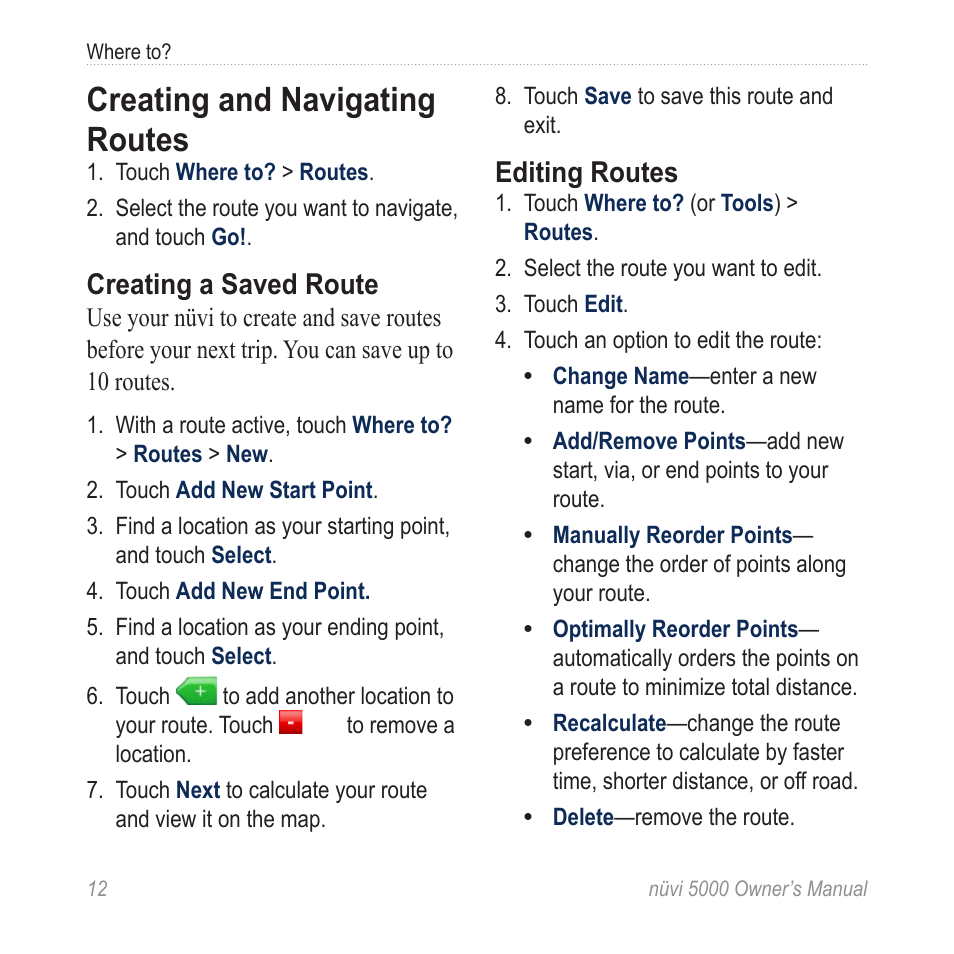 Creating and navigating routes, Creating and navigating, Routes | Creating a saved route, Editing routes | Garmin Nuvi 5000 User Manual | Page 18 / 56