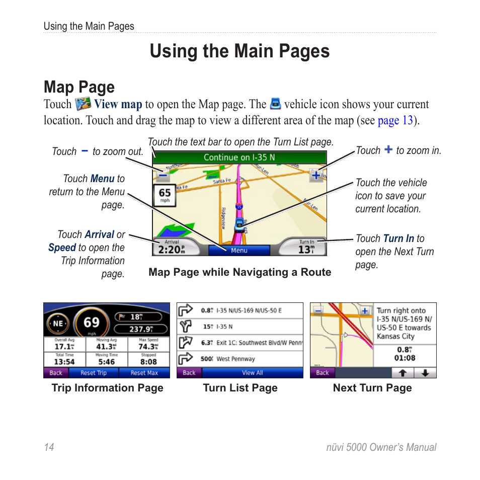 Using the main pages, Map page | Garmin Nuvi 5000 User Manual | Page 20 / 56