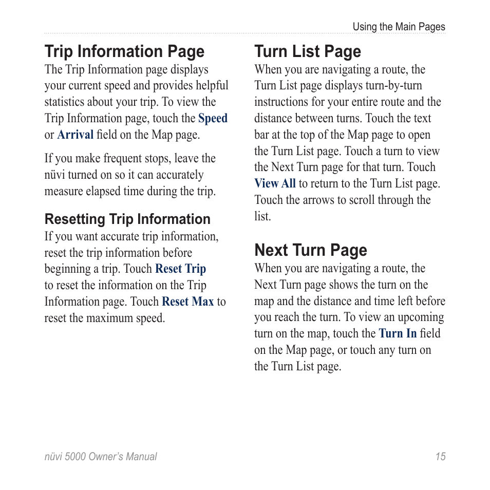 Trip information page, Turn list page, Next turn page | Garmin Nuvi 5000 User Manual | Page 21 / 56