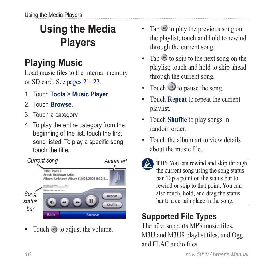 Using the media players, Playing music | Garmin Nuvi 5000 User Manual | Page 22 / 56