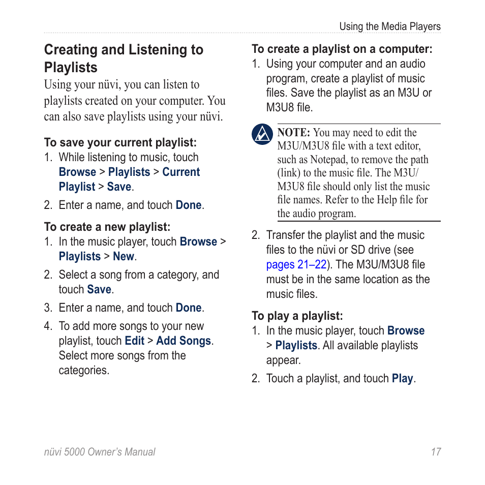 Creating and listening to playlists | Garmin Nuvi 5000 User Manual | Page 23 / 56