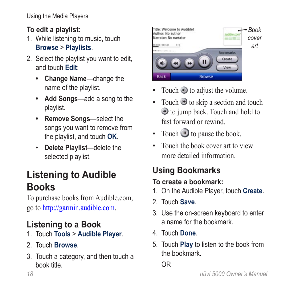 Listening to audible books, Listening to a book, Using bookmarks | Garmin Nuvi 5000 User Manual | Page 24 / 56