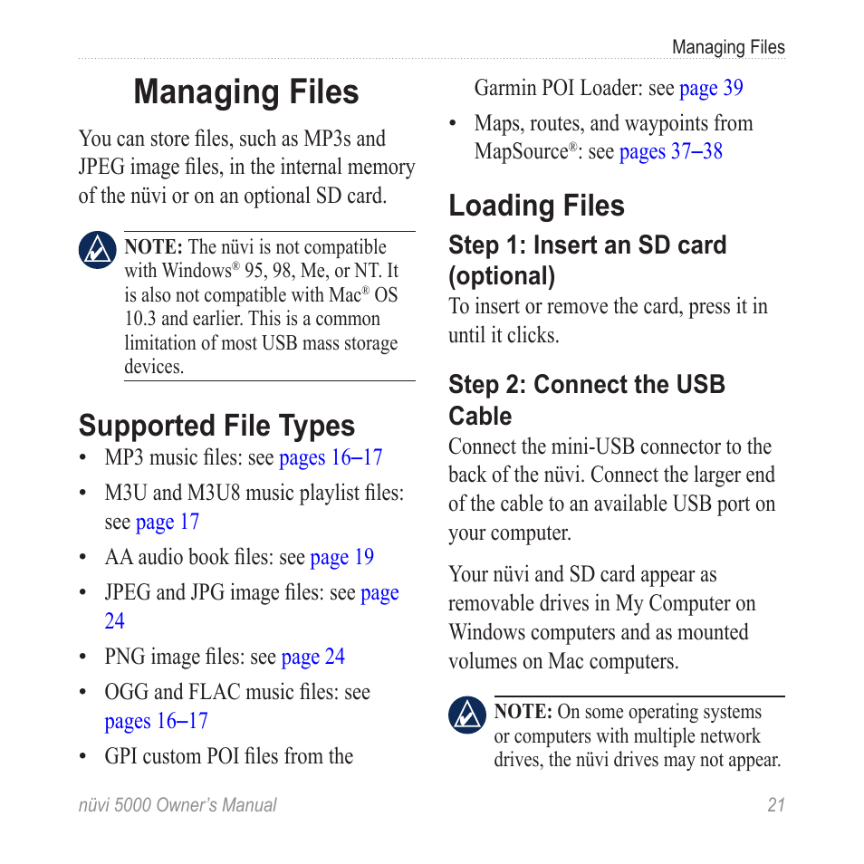 Managing files, Supported file types, Loading files | Garmin Nuvi 5000 User Manual | Page 27 / 56