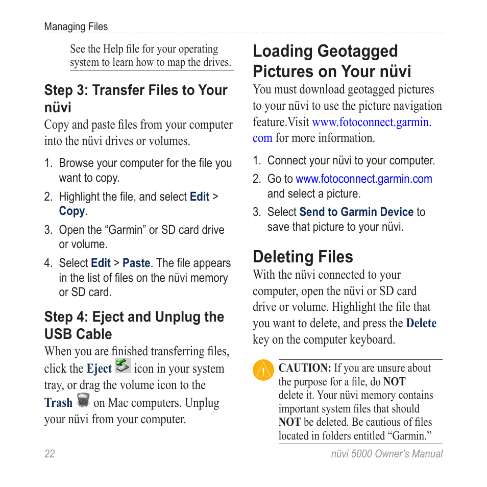 Loading geotagged pictures on your nüvi, Deleting files, Loading geotagged pictures on | Your nüvi | Garmin Nuvi 5000 User Manual | Page 28 / 56