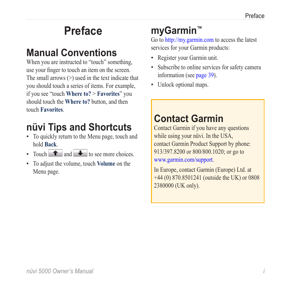 Preface, Manual conventions, Nüvi tips and shortcuts | Mygarmin, Contact garmin | Garmin Nuvi 5000 User Manual | Page 3 / 56