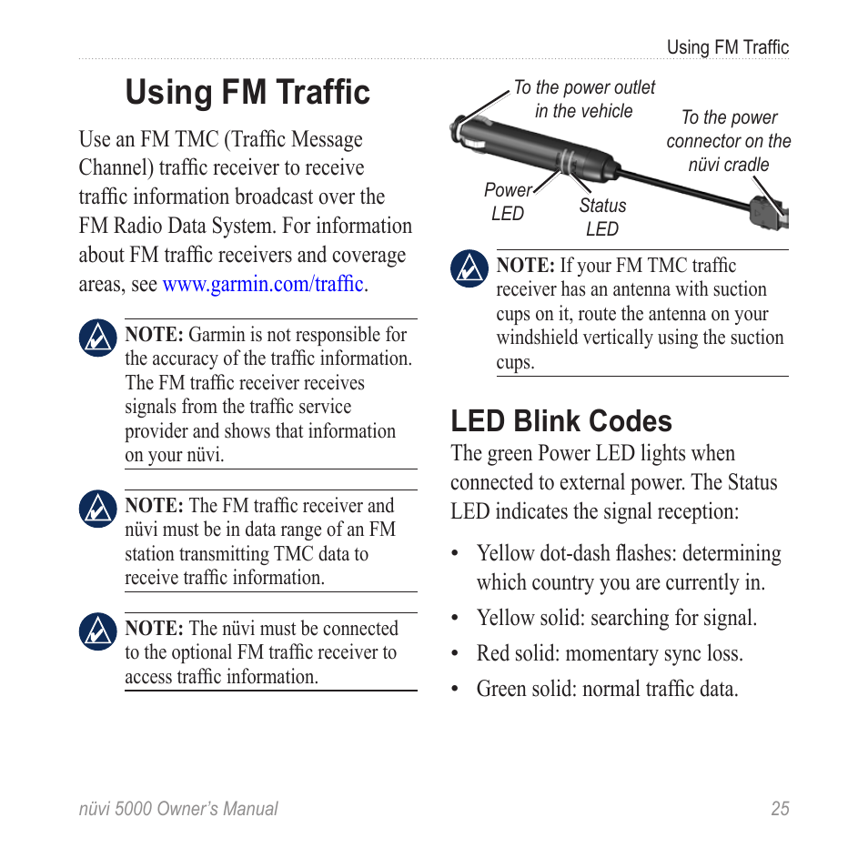 Using fm traffic, Led blink codes | Garmin Nuvi 5000 User Manual | Page 31 / 56
