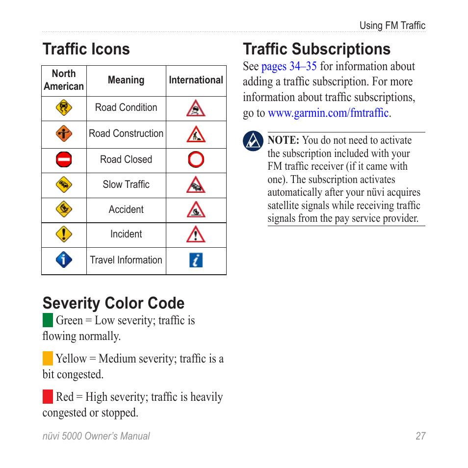 Traffic icons, Severity color code, Traffic subscriptions | Garmin Nuvi 5000 User Manual | Page 33 / 56