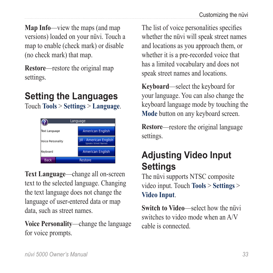 Setting the languages, Adjusting video input settings | Garmin Nuvi 5000 User Manual | Page 39 / 56