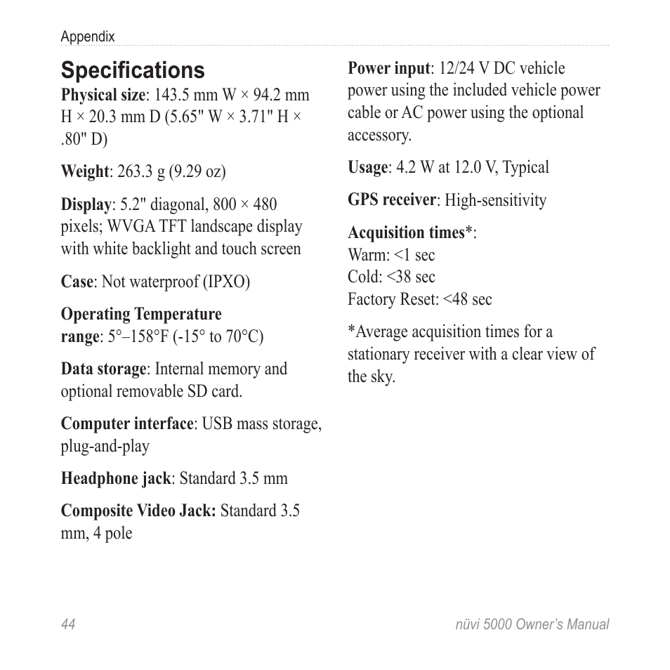 Specifications | Garmin Nuvi 5000 User Manual | Page 50 / 56