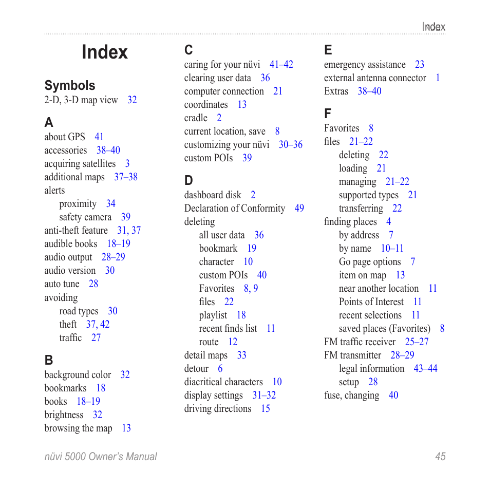 Index, Symbols | Garmin Nuvi 5000 User Manual | Page 51 / 56