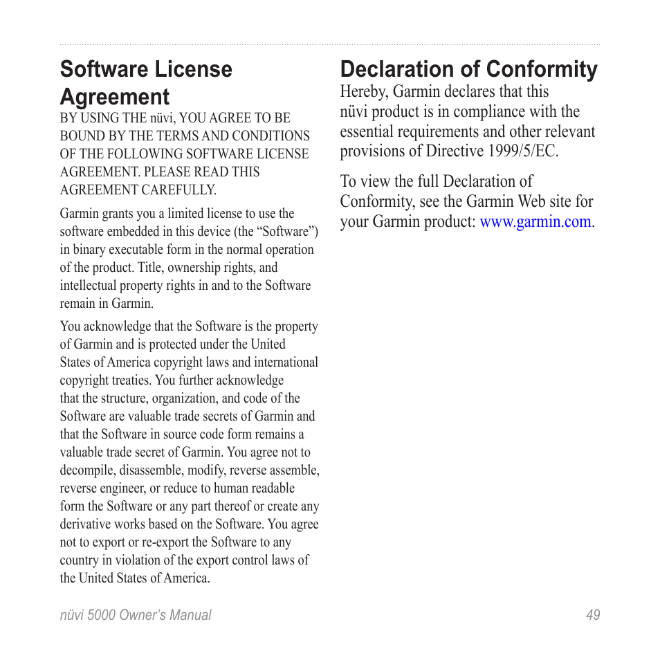 Software license agreement, Declaration of conformity | Garmin Nuvi 5000 User Manual | Page 55 / 56