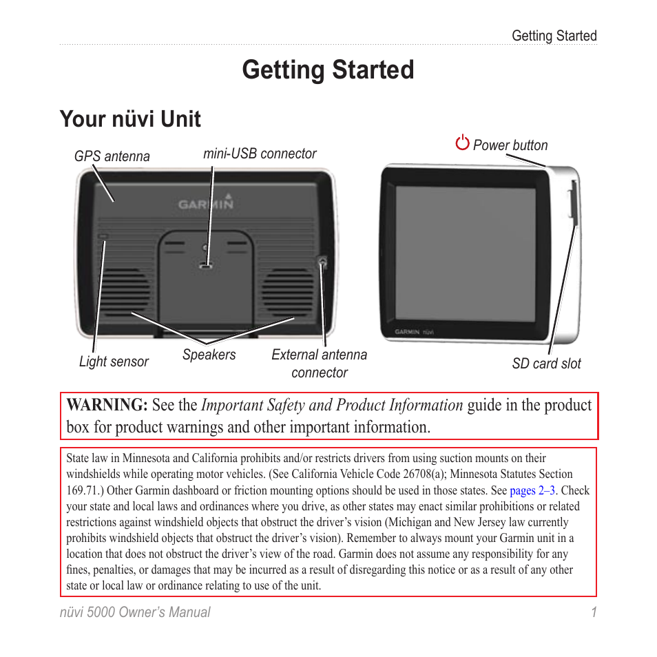 Getting started, Your nüvi unit | Garmin Nuvi 5000 User Manual | Page 7 / 56