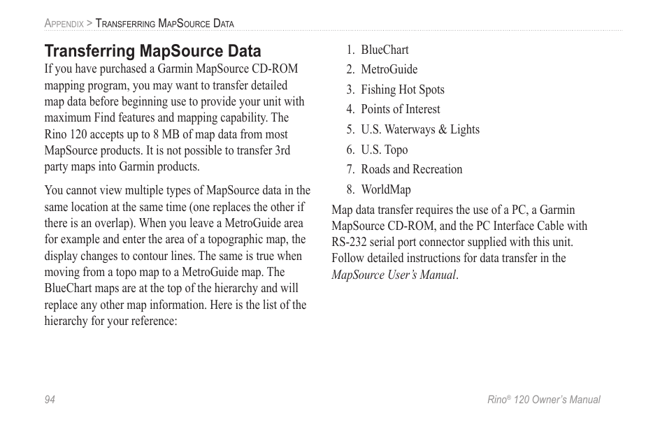 Transferring mapsource data | Garmin Rino 120 User Manual | Page 100 / 124