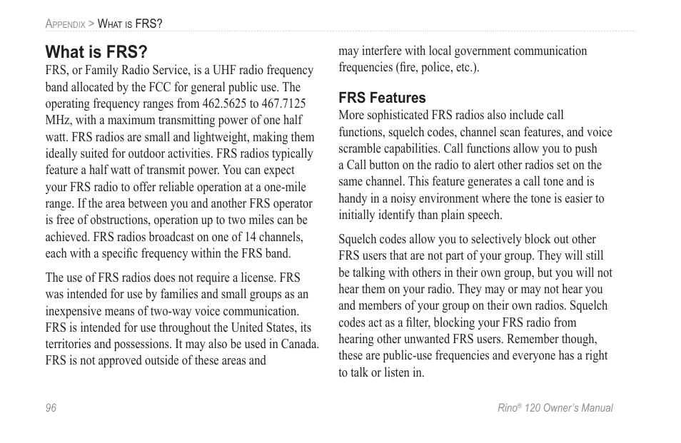 What is frs, Frs features | Garmin Rino 120 User Manual | Page 102 / 124