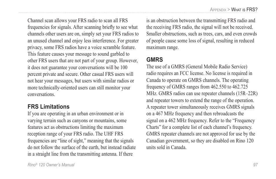 Frs limitations, Gmrs | Garmin Rino 120 User Manual | Page 103 / 124