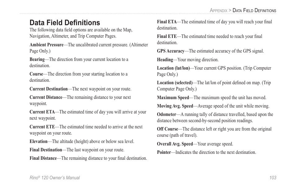 Data field definitions, Data field deﬁnitions | Garmin Rino 120 User Manual | Page 109 / 124