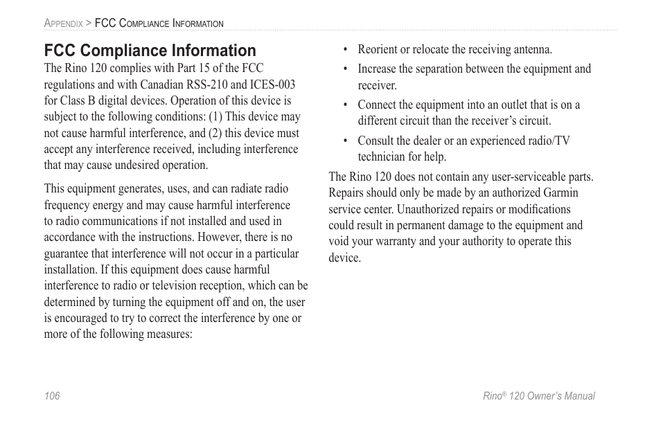 Fcc compliance information | Garmin Rino 120 User Manual | Page 112 / 124