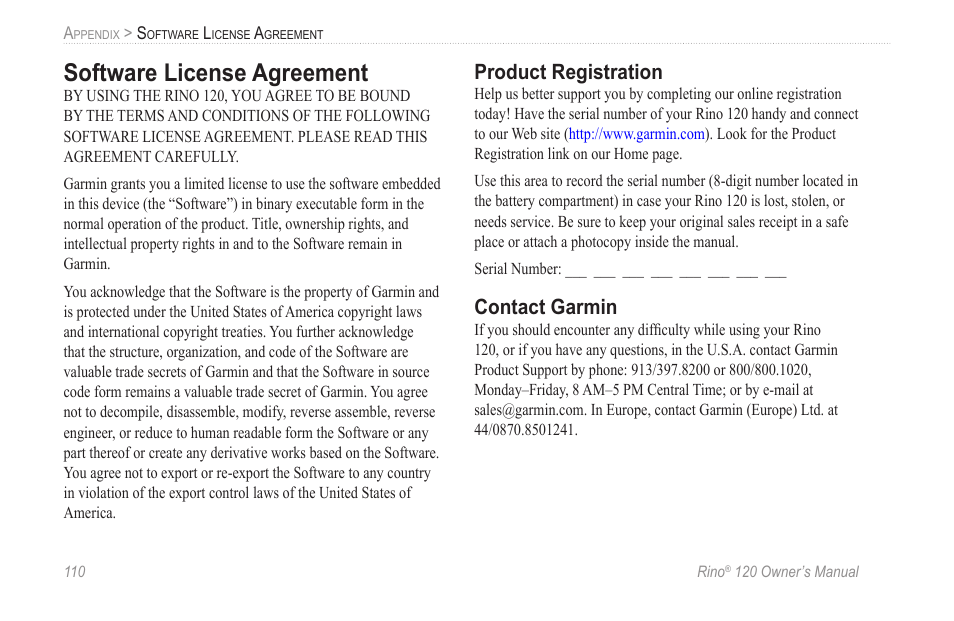 Software license agreement, Product registration, Contact garmin | Garmin Rino 120 User Manual | Page 116 / 124