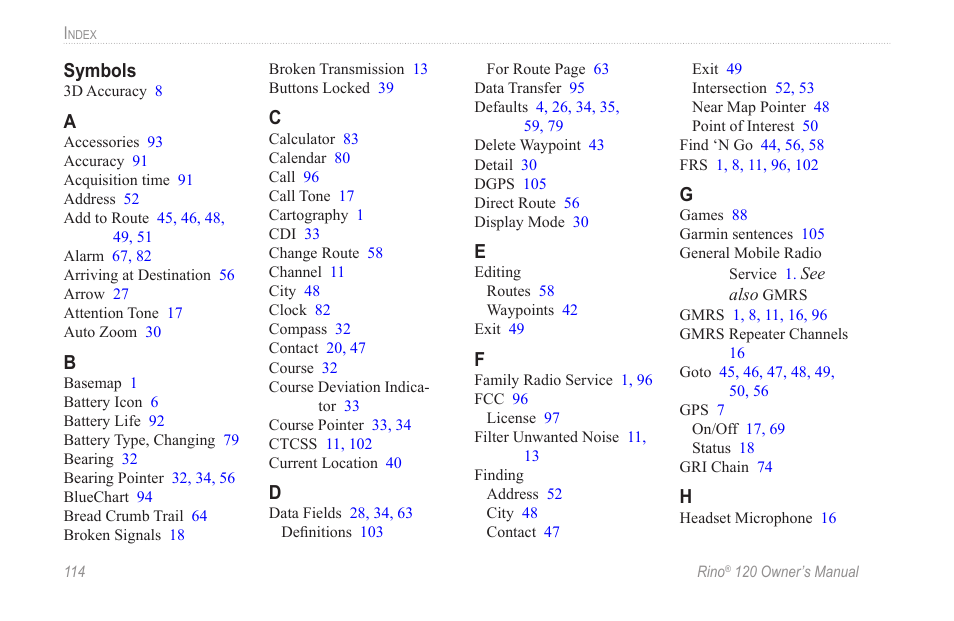 Index | Garmin Rino 120 User Manual | Page 120 / 124