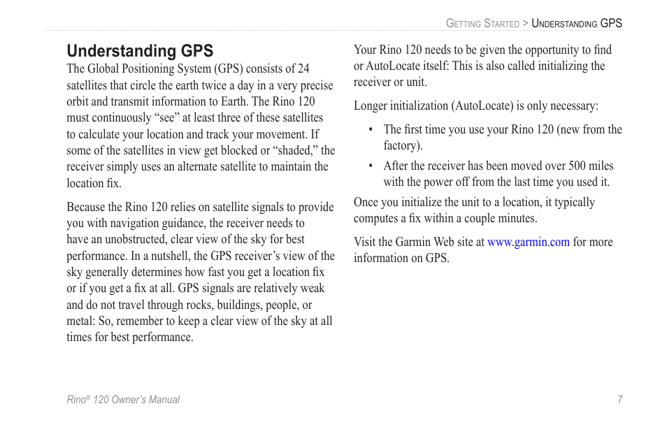 Understanding gps | Garmin Rino 120 User Manual | Page 13 / 124