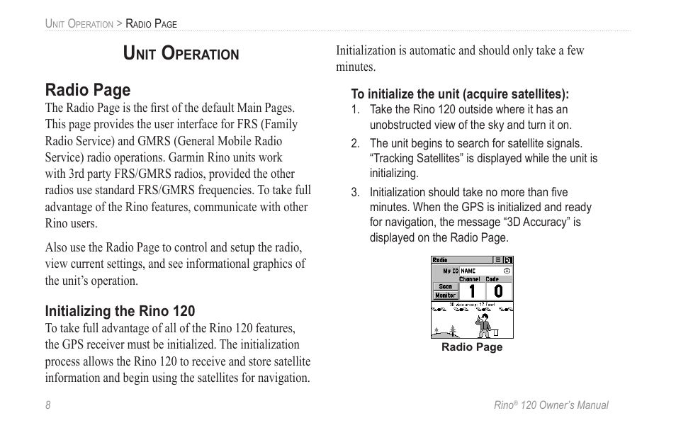 Unit operation, Initializing the rino 120, Radio page | Garmin Rino 120 User Manual | Page 14 / 124