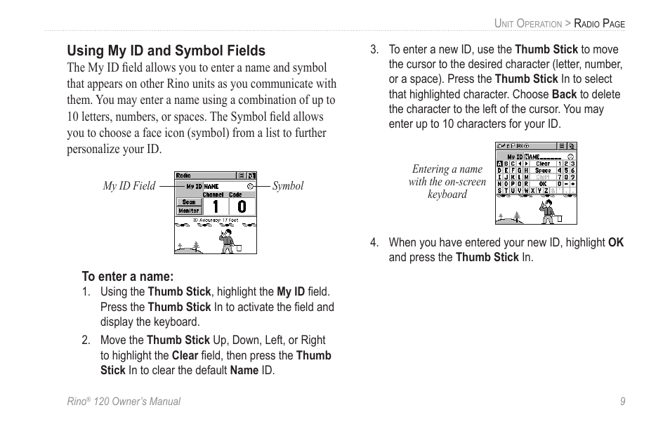 Using my id and symbol fields | Garmin Rino 120 User Manual | Page 15 / 124