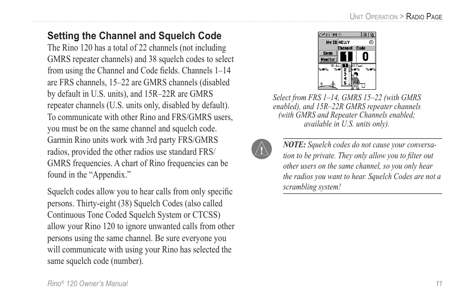 Setting the channel and squelch code | Garmin Rino 120 User Manual | Page 17 / 124