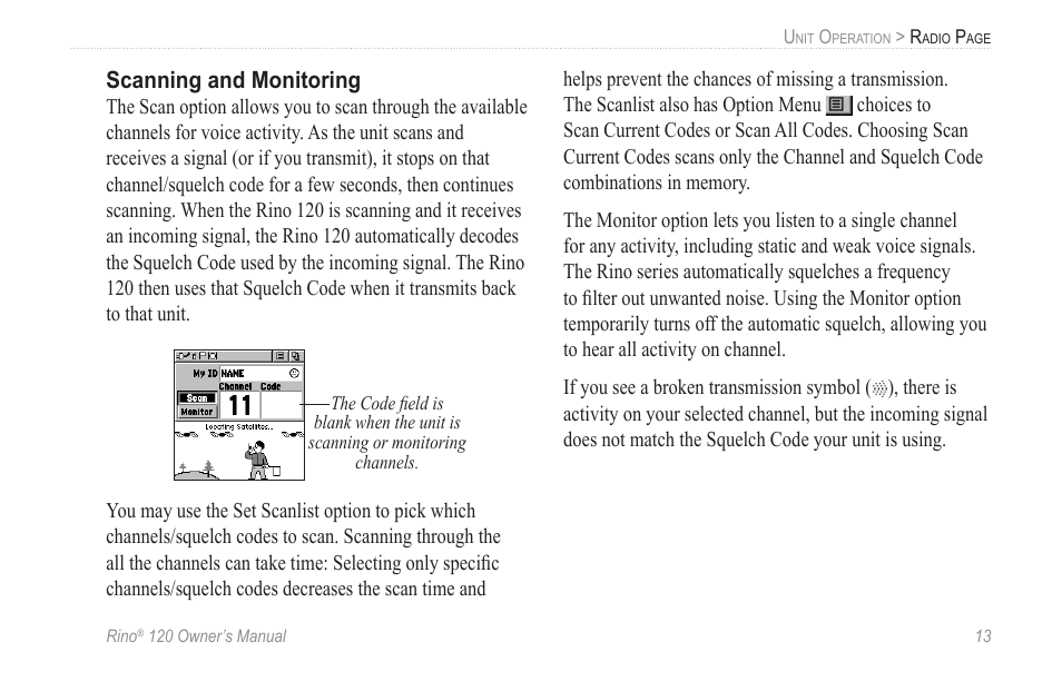 Scanning and monitoring | Garmin Rino 120 User Manual | Page 19 / 124