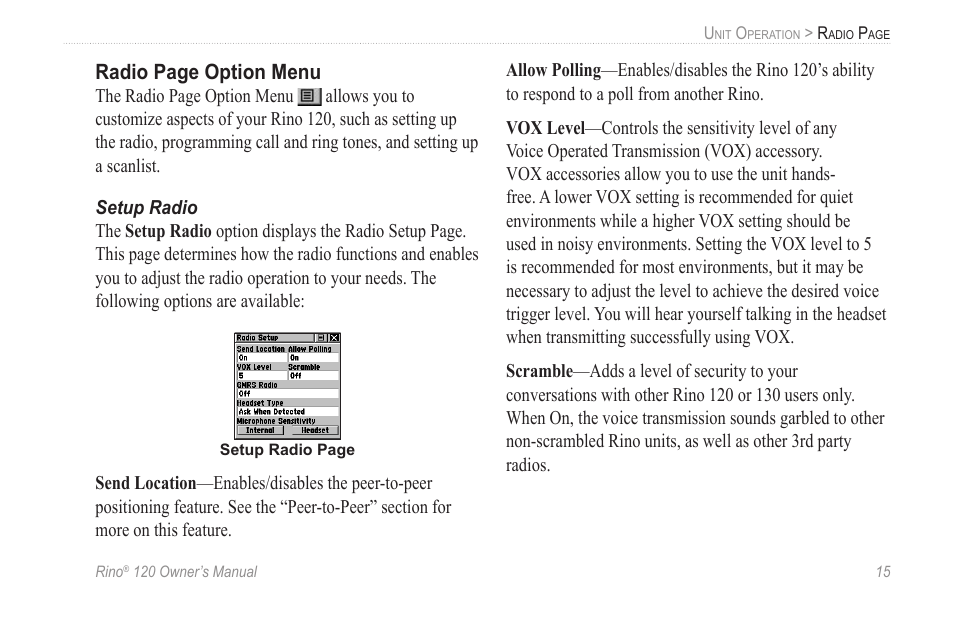 Setup radio | Garmin Rino 120 User Manual | Page 21 / 124