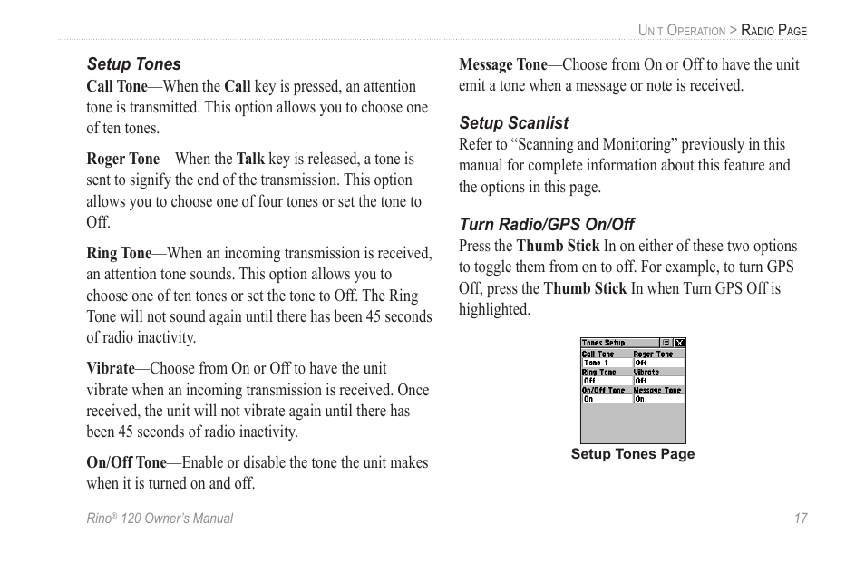 Setup tones, Setup scanlist, Turn radio/gps on/off | Garmin Rino 120 User Manual | Page 23 / 124