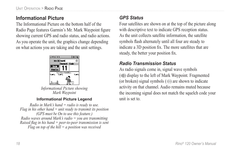 Informational picture, Gps status, Radio transmission status | Garmin Rino 120 User Manual | Page 24 / 124