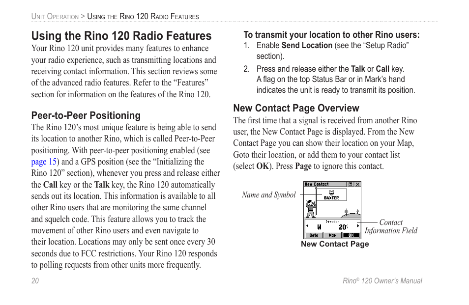 Using the rino 120 radio features, Peer-to-peer positioning | Garmin Rino 120 User Manual | Page 26 / 124