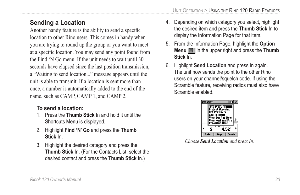 Sending a location | Garmin Rino 120 User Manual | Page 29 / 124