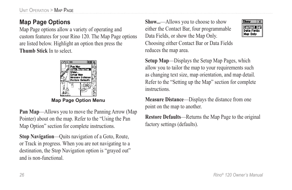 Map page options | Garmin Rino 120 User Manual | Page 32 / 124