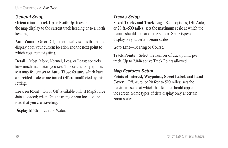 General setup, Tracks setup, Map features setup | Garmin Rino 120 User Manual | Page 36 / 124